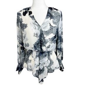 Vince Camuto Blouse Women Extra Small Cream Grey Floral Peplum Long Sleeve